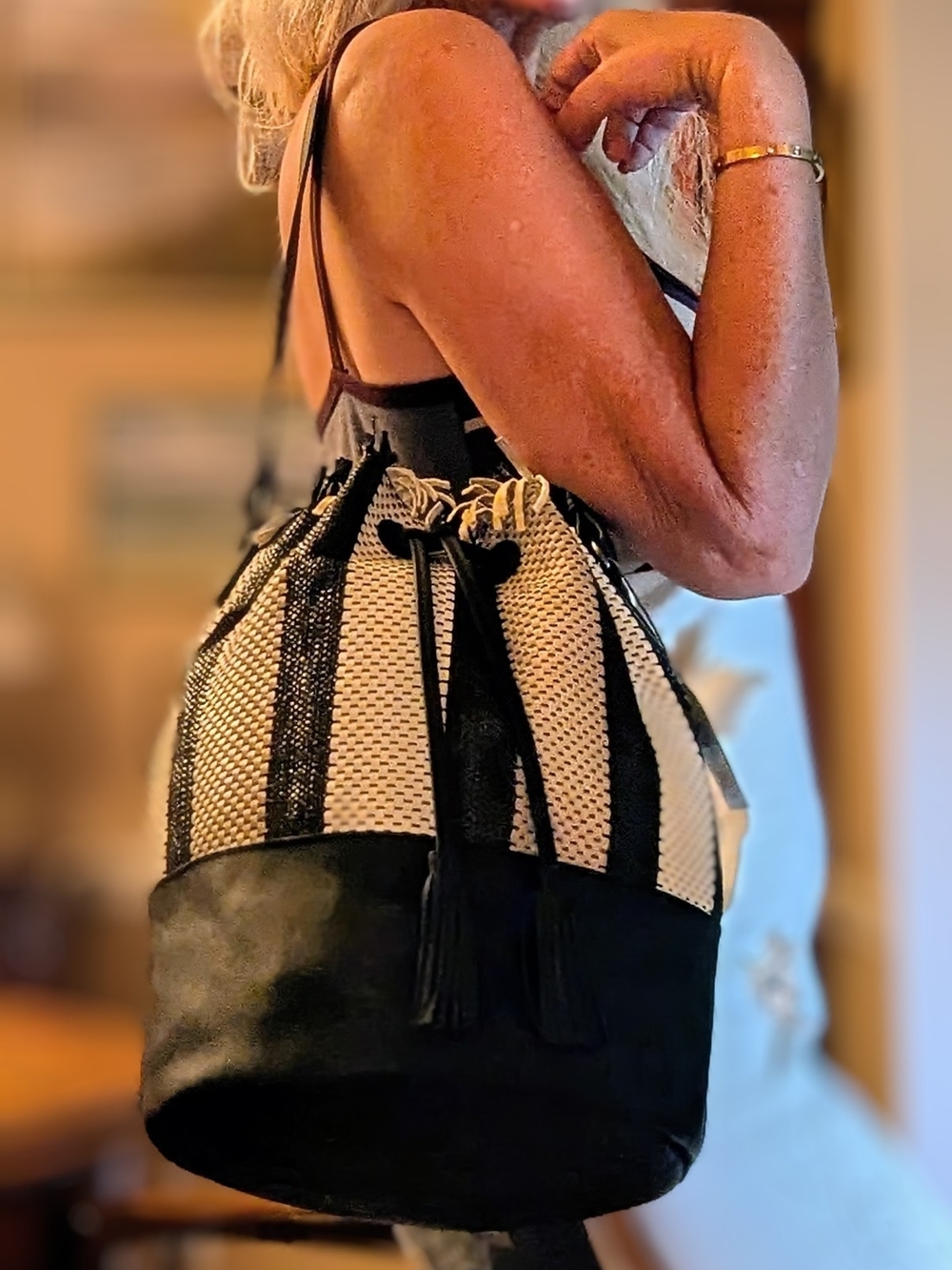 RARE Lucky Brand Black & Cream Bucket Bag with Tassel Drawstring